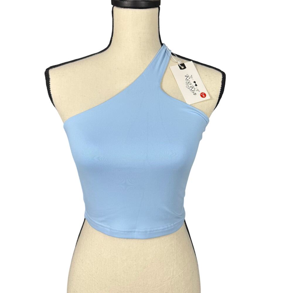 Reoria One Shoulder Crop Top Blue Double Lined Seamless Women's S Sleeveless
